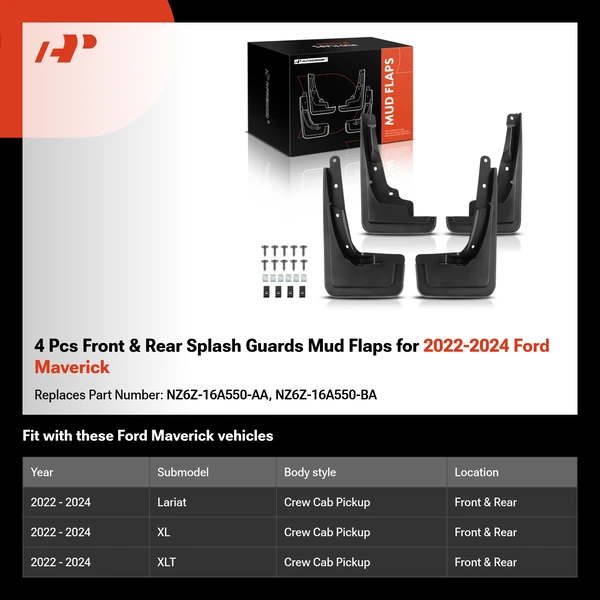 4 Pcs Front & Rear Splash Guards Mud Flaps for 2022-2024 Ford Maverick