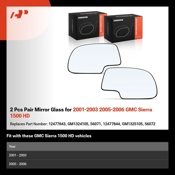2 Pcs Pair Mirror Glass for 2001-2003 2005-2006 GMC Sierra 1500 HD