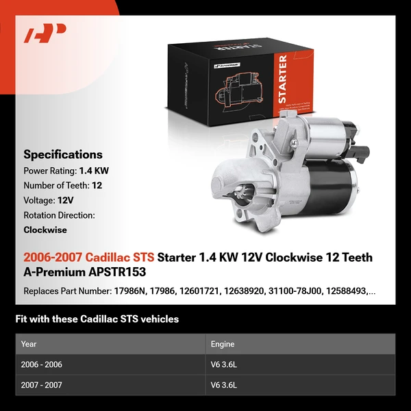 2006-2007 Cadillac STS Starter 1.4 KW 12V Clockwise 12 Teeth A-Premium APSTR153