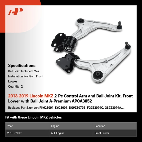 2013-2019 Lincoln MKZ 2-Pc Control Arm and Ball Joint Kit, Front Lower with Ball Joint A-Premium APCA3052