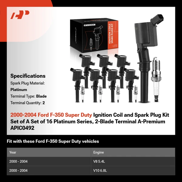2000-2004 Ford F-350 Super Duty Ignition Coil and Spark Plug Kit Set of A Set of 16 Platinum Series, 2-Blade Terminal A-Premium APIC0492