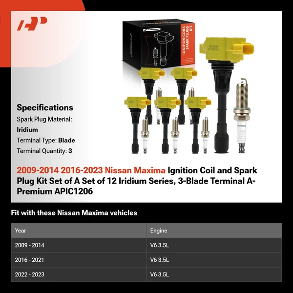 2009-2014 2016-2023 Nissan Maxima Ignition Coil and Spark Plug Kit Set of A Set of 12 Iridium Series, 3-Blade Terminal A-Premium APIC1206