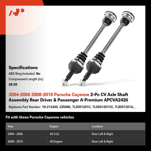 2004-2006 2008-2010 Porsche Cayenne 2-Pc CV Axle Shaft Assembly Rear Driver & Passenger A-Premium APCVA2426