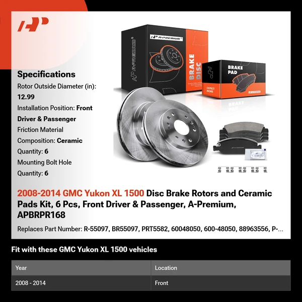 2008-2014 GMC Yukon XL 1500 Disc Brake Rotors and Ceramic Pads Kit, 6 Pcs, Front Driver & Passenger, A-Premium, APBRPR168