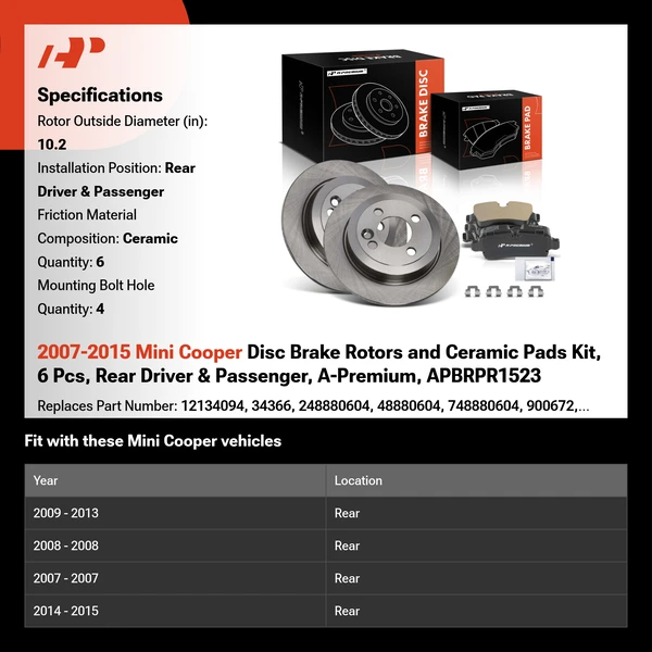 2007-2015 Mini Cooper Disc Brake Rotors and Ceramic Pads Kit, 6 Pcs, Rear Driver & Passenger, A-Premium, APBRPR1523