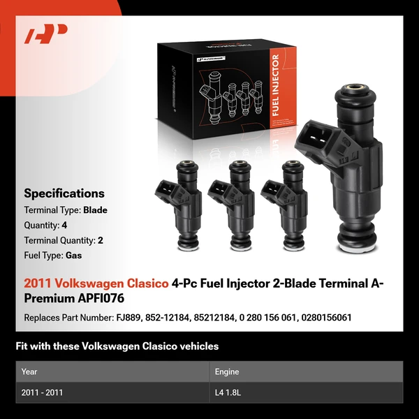 2011 Volkswagen Clasico 4-Pc Fuel Injector 2-Blade Terminal A-Premium APFI076