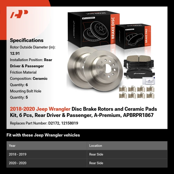 2018-2020 Jeep Wrangler Disc Brake Rotors and Ceramic Pads Kit, 6 Pcs, Rear Driver & Passenger, A-Premium, APBRPR1867