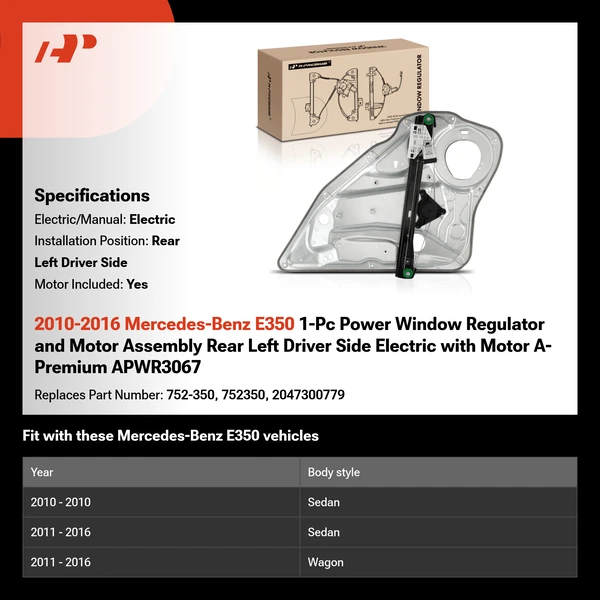 2010-2016 Mercedes-Benz E350 1-Pc Power Window Regulator and Motor Assembly Rear Left Driver Side Electric with Motor A-Premium APWR3067