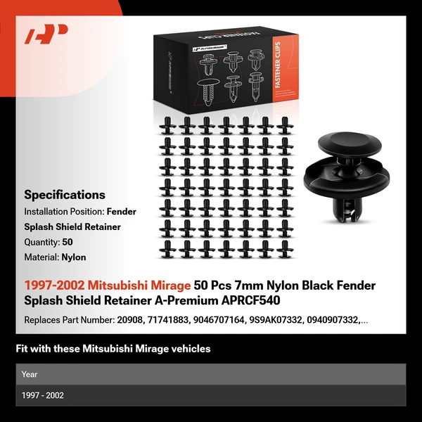 1997-2002 Mitsubishi Mirage 50 Pcs 7mm Nylon Black Fender Splash Shield Retainer A-Premium APRCF540