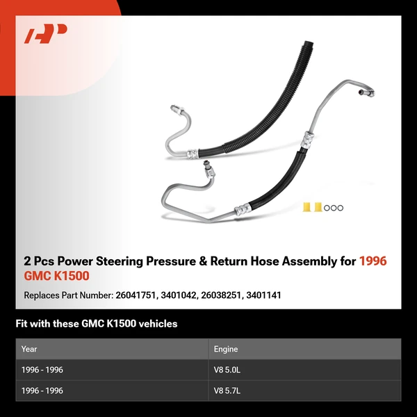 2 Pcs Power Steering Pressure & Return Hose Assembly for 1996 GMC K1500