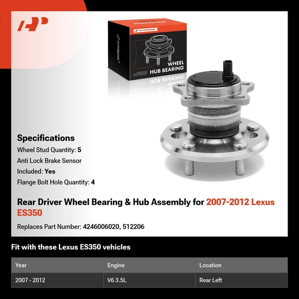 Rear Driver Wheel Bearing & Hub Assembly for 2007-2012 Lexus ES350