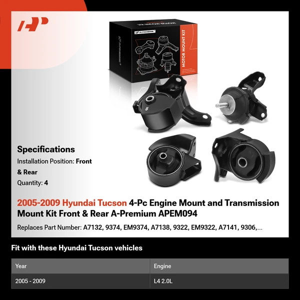 2005-2009 Hyundai Tucson 4-Pc Engine Mount and Transmission Mount Kit Front & Rear A-Premium APEM094