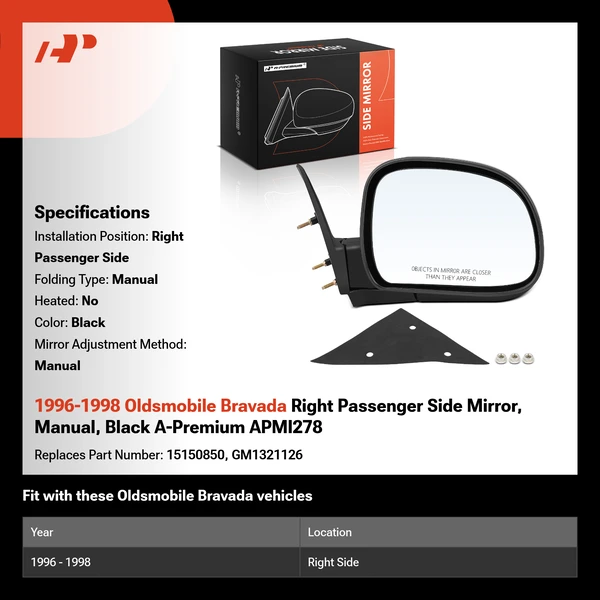 1996-1998 Oldsmobile Bravada Right Passenger Side Mirror, Manual, Black A-Premium APMI278