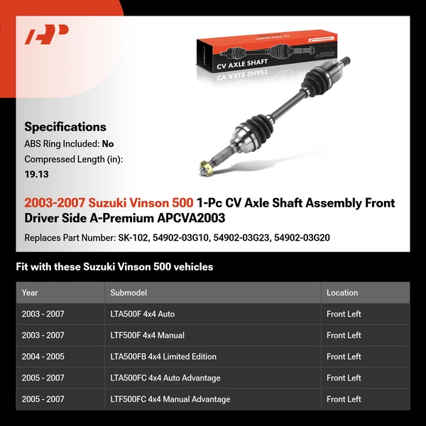 2003-2007 Suzuki Vinson 500 1-Pc CV Axle Shaft Assembly Front Driver Side A-Premium APCVA2003