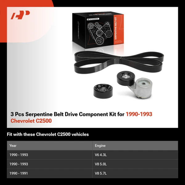 3 Pcs Serpentine Belt Drive Component Kit for 1990-1993 Chevrolet C2500