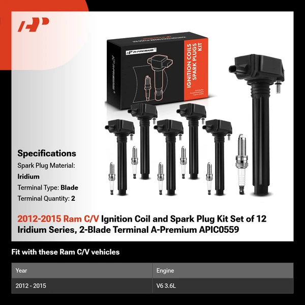 2012-2015 Ram C/V Ignition Coil and Spark Plug Kit Set of 12 Iridium Series, 2-Blade Terminal A-Premium APIC0559