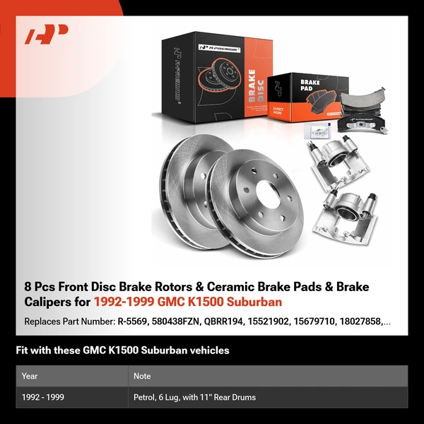 8 Pcs Front Disc Brake Rotors & Ceramic Brake Pads & Brake Calipers for 1992-1999 GMC K1500 Suburban