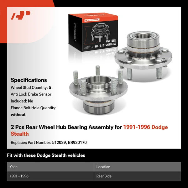 2 Pcs Rear Wheel Hub Bearing Assembly for 1991-1996 Dodge Stealth