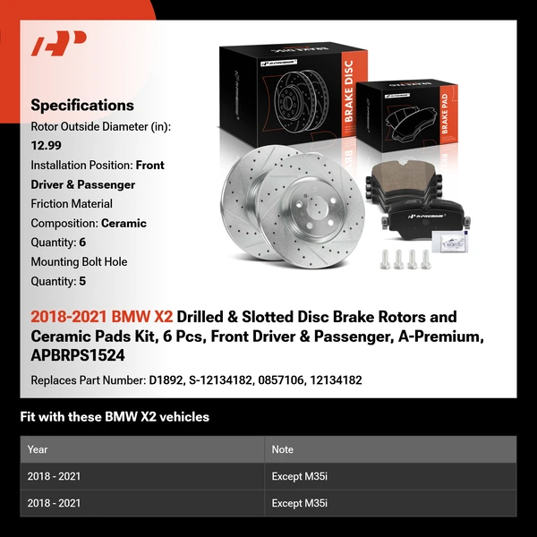 2018-2021 BMW X2 Drilled & Slotted Disc Brake Rotors and Ceramic Pads Kit, 6 Pcs, Front Driver & Passenger, A-Premium, APBRPS1524