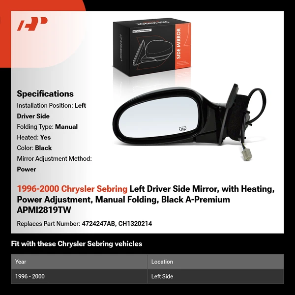 1996-2000 Chrysler Sebring Left Driver Side Mirror, with Heating, Power Adjustment, Manual Folding, Black A-Premium APMI2819TW