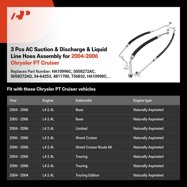 3 Pcs AC Suction & Discharge & Liquid Line Hoes Assembly for 2004-2006 Chrysler PT Cruiser