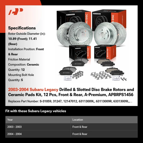 2003-2004 Subaru Legacy Drilled & Slotted Disc Brake Rotors and Ceramic Pads Kit, 12 Pcs, Front & Rear, A-Premium, APBRPS1456