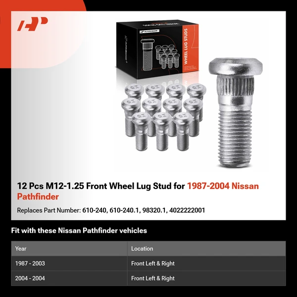 12 Pcs M12-1.25 Front Wheel Lug Stud for 1987-2004 Nissan Pathfinder