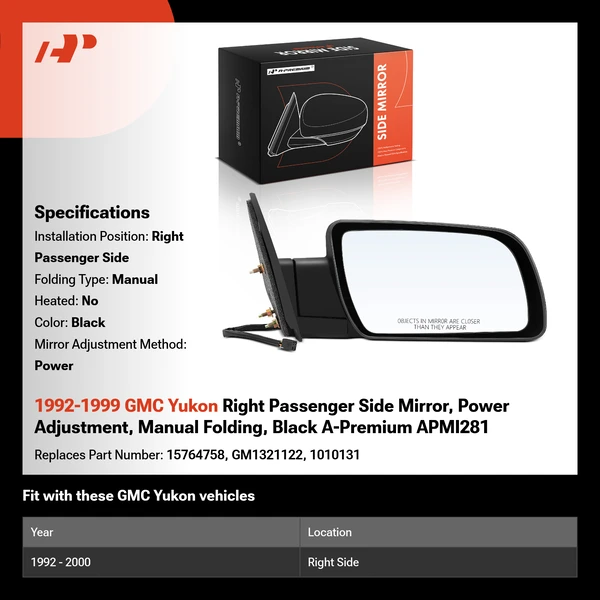 1992-1999 GMC Yukon Right Passenger Side Mirror, Power Adjustment, Manual Folding, Black A-Premium APMI281