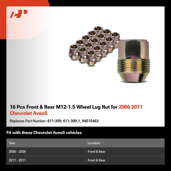 16 Pcs Front & Rear M12-1.5 Wheel Lug Nut for 2006 2011 Chevrolet Aveo5