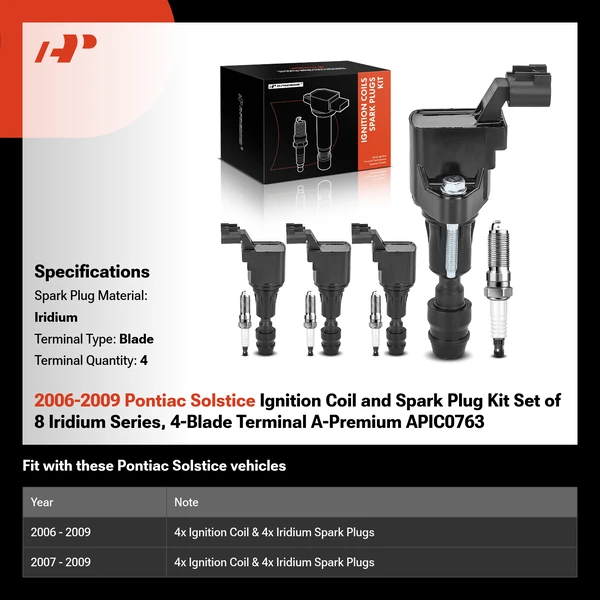 2006-2009 Pontiac Solstice Ignition Coil and Spark Plug Kit Set of 8 Iridium Series, 4-Blade Terminal A-Premium APIC0763