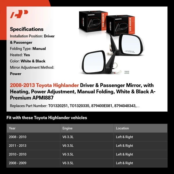 2008-2013 Toyota Highlander Driver & Passenger Mirror, with Heating, Power Adjustment, Manual Folding, White & Black A-Premium APMI887