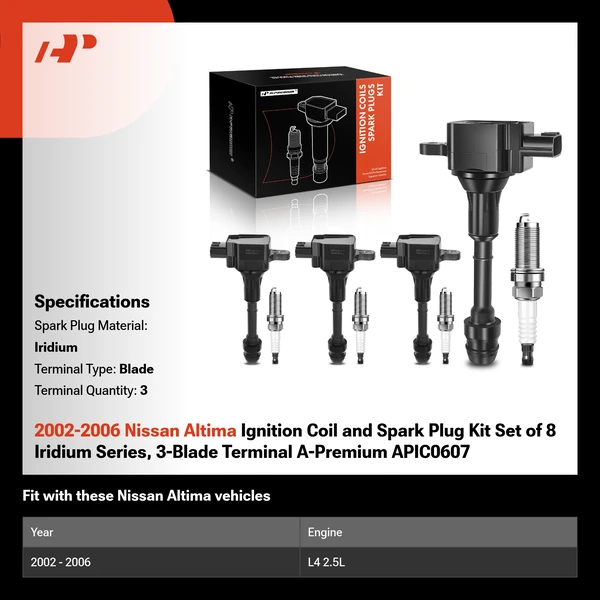 2002-2006 Nissan Altima Ignition Coil and Spark Plug Kit Set of 8 Iridium Series, 3-Blade Terminal A-Premium APIC0607