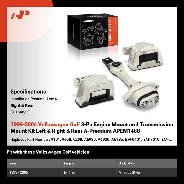 1999-2006 Volkswagen Golf 3-Pc Engine Mount and Transmission Mount Kit Left & Right & Rear A-Premium APEM1488