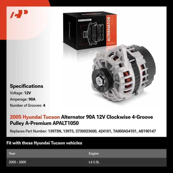 2005 Hyundai Tucson Alternator 90A 12V Clockwise 4-Groove Pulley A-Premium APALT1050