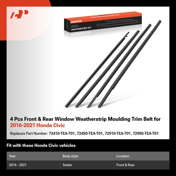 4 Pcs Front & Rear Window Weatherstrip Moulding Trim Belt for 2016-2021 Honda Civic