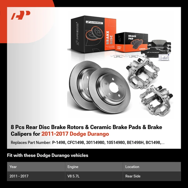 8 Pcs Rear Disc Brake Rotors & Ceramic Brake Pads & Brake Calipers for 2011-2017 Dodge Durango
