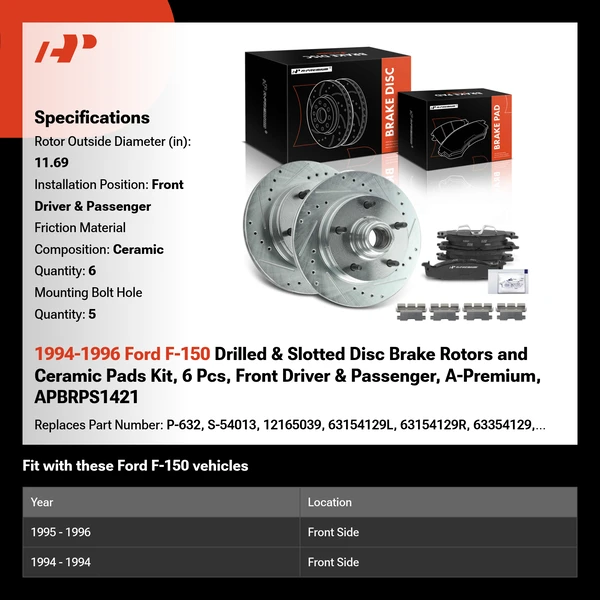 1994-1996 Ford F-150 Drilled & Slotted Disc Brake Rotors and Ceramic Pads Kit, 6 Pcs, Front Driver & Passenger, A-Premium, APBRPS1421