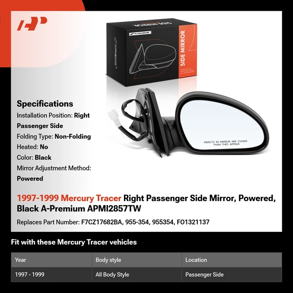 1997-1999 Mercury Tracer Right Passenger Side Mirror, Powered, Black A-Premium APMI2857TW
