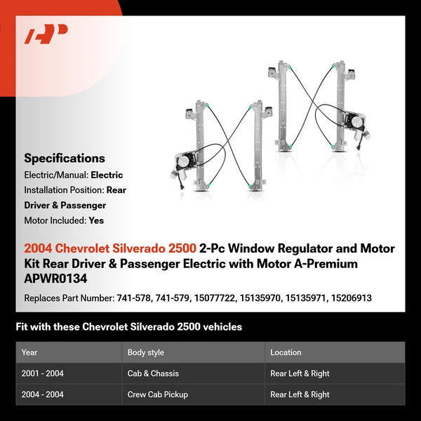 2004 Chevrolet Silverado 2500 2-Pc Window Regulator and Motor Kit Rear Driver & Passenger Electric with Motor A-Premium APWR0134