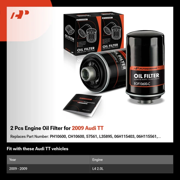 2 Pcs Engine Oil Filter for 2009 Audi TT