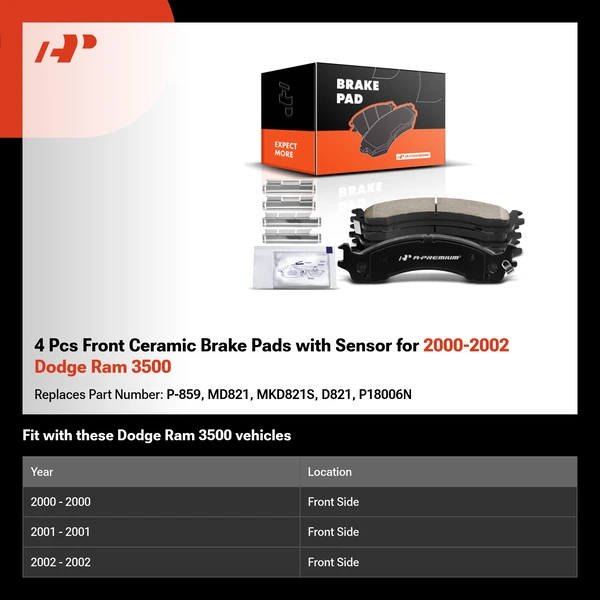 4 Pcs Front Ceramic Brake Pads with Sensor for 2000-2002 Dodge Ram 3500