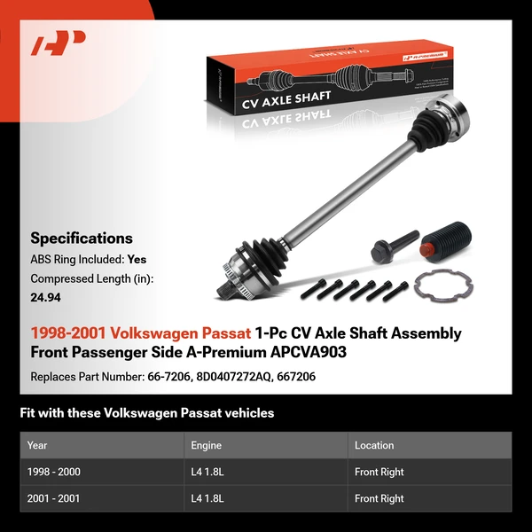1998-2001 Volkswagen Passat 1-Pc CV Axle Shaft Assembly Front Passenger Side A-Premium APCVA903