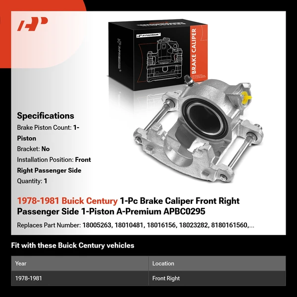 1978-1981 Buick Century 1-Pc Brake Caliper Front Right Passenger Side 1-Piston A-Premium APBC0295