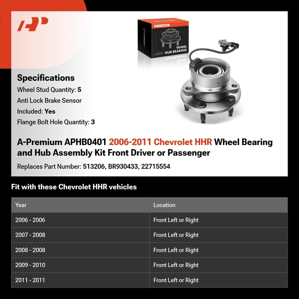A-Premium APHB0401 2006-2011 Chevrolet HHR Wheel Bearing and Hub Assembly Kit Front Driver or Passenger