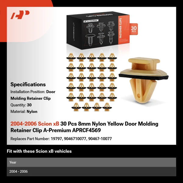 2004-2006 Scion xB 30 Pcs 8mm Nylon Yellow Door Molding Retainer Clip A-Premium APRCF4569