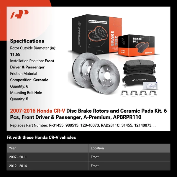 2007-2016 Honda CR-V Disc Brake Rotors and Ceramic Pads Kit, 6 Pcs, Front Driver & Passenger, A-Premium, APBRPR110