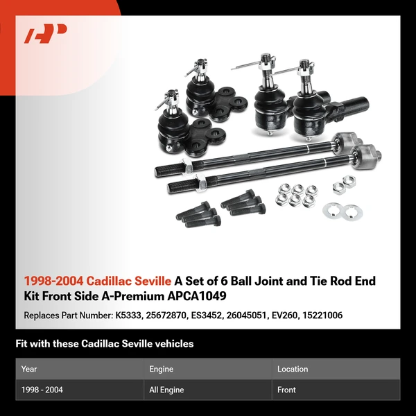1998-2004 Cadillac Seville A Set of 6 Ball Joint and Tie Rod End Kit Front Side A-Premium APCA1049