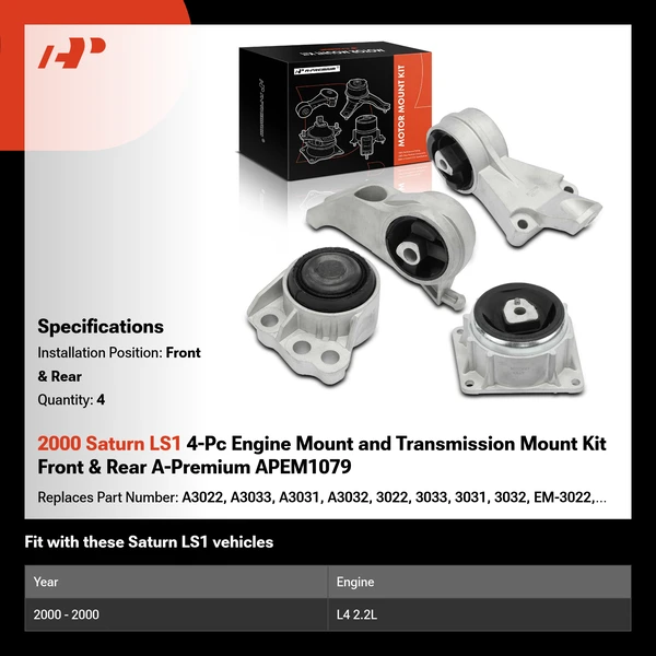 2000 Saturn LS1 4-Pc Engine Mount and Transmission Mount Kit Front & Rear A-Premium APEM1079