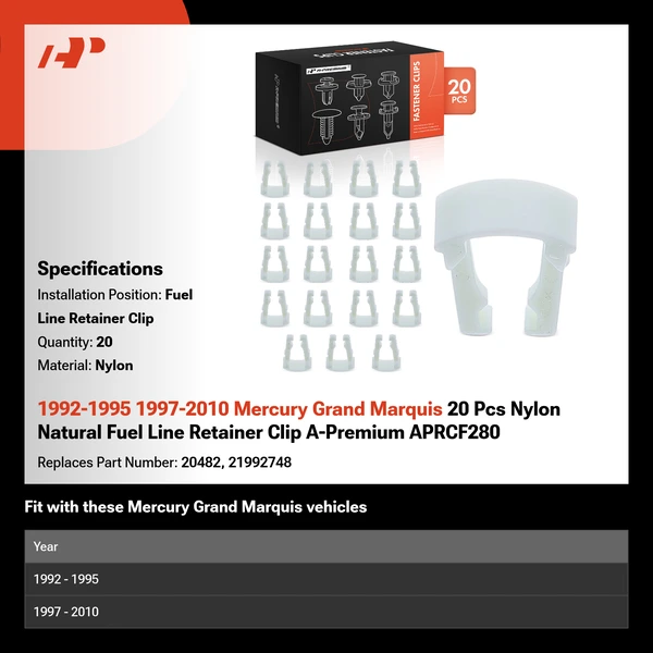 1992-1995 1997-2010 Mercury Grand Marquis 20 Pcs Nylon Natural Fuel Line Retainer Clip A-Premium APRCF280