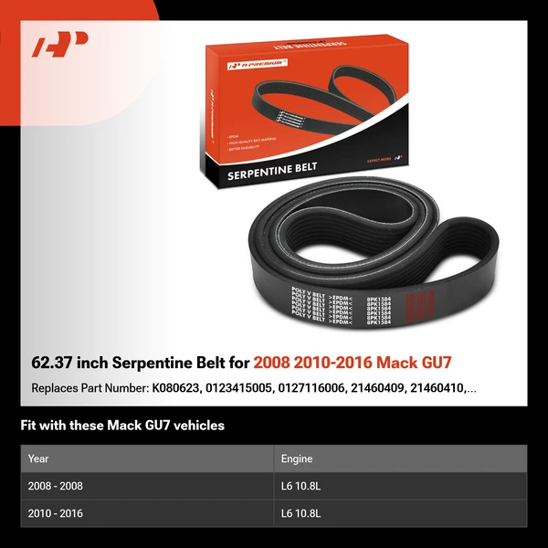 62.37 inch Serpentine Belt for 2008 2010-2016 Mack GU7